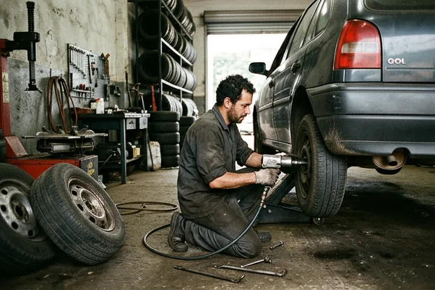 Mecânico fazendo rodízio de pneus em um carro.