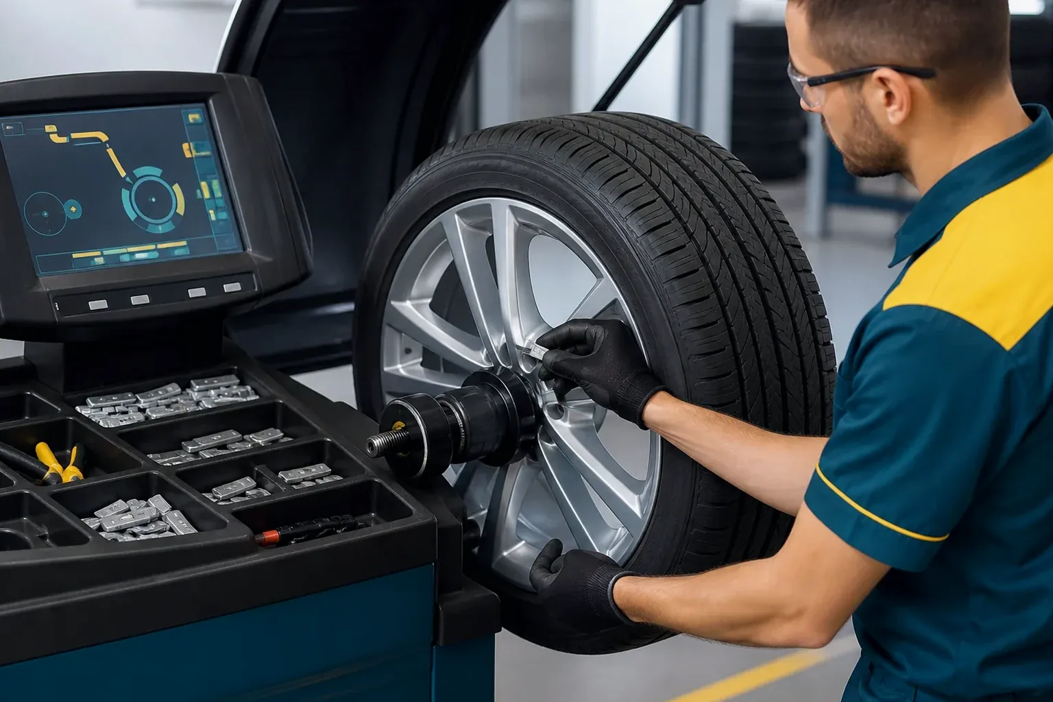 Mecânico realizando balanceamento de rodas em um carro.