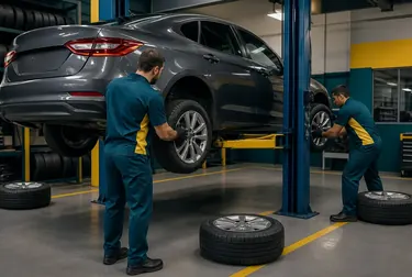 Profissional fazendo rodízio de pneus com equipamento adequado.