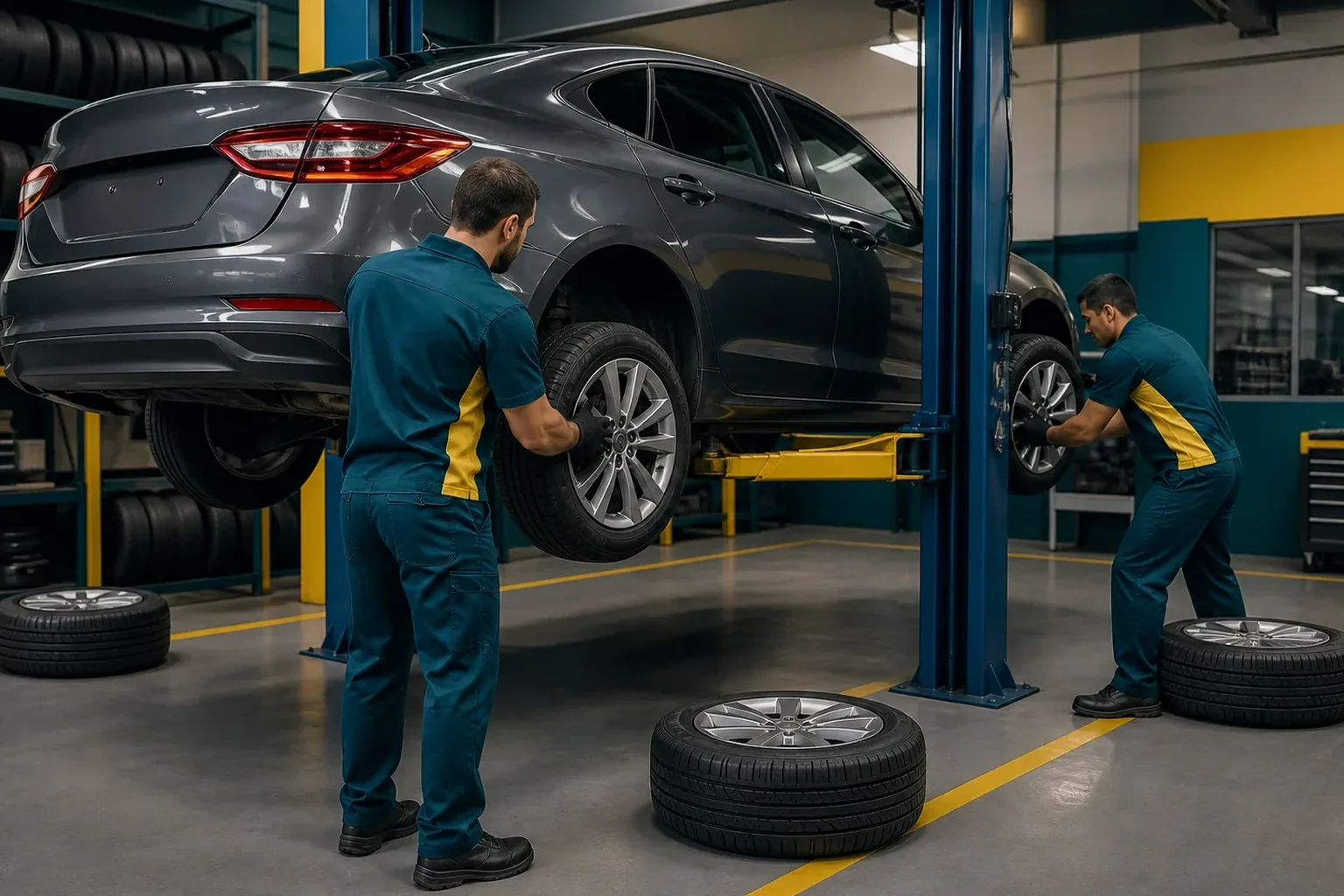 Profissional fazendo rodízio de pneus com equipamento adequado.