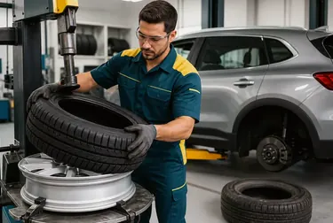 Profissional realizando a troca de pneus com equipamento adequado.