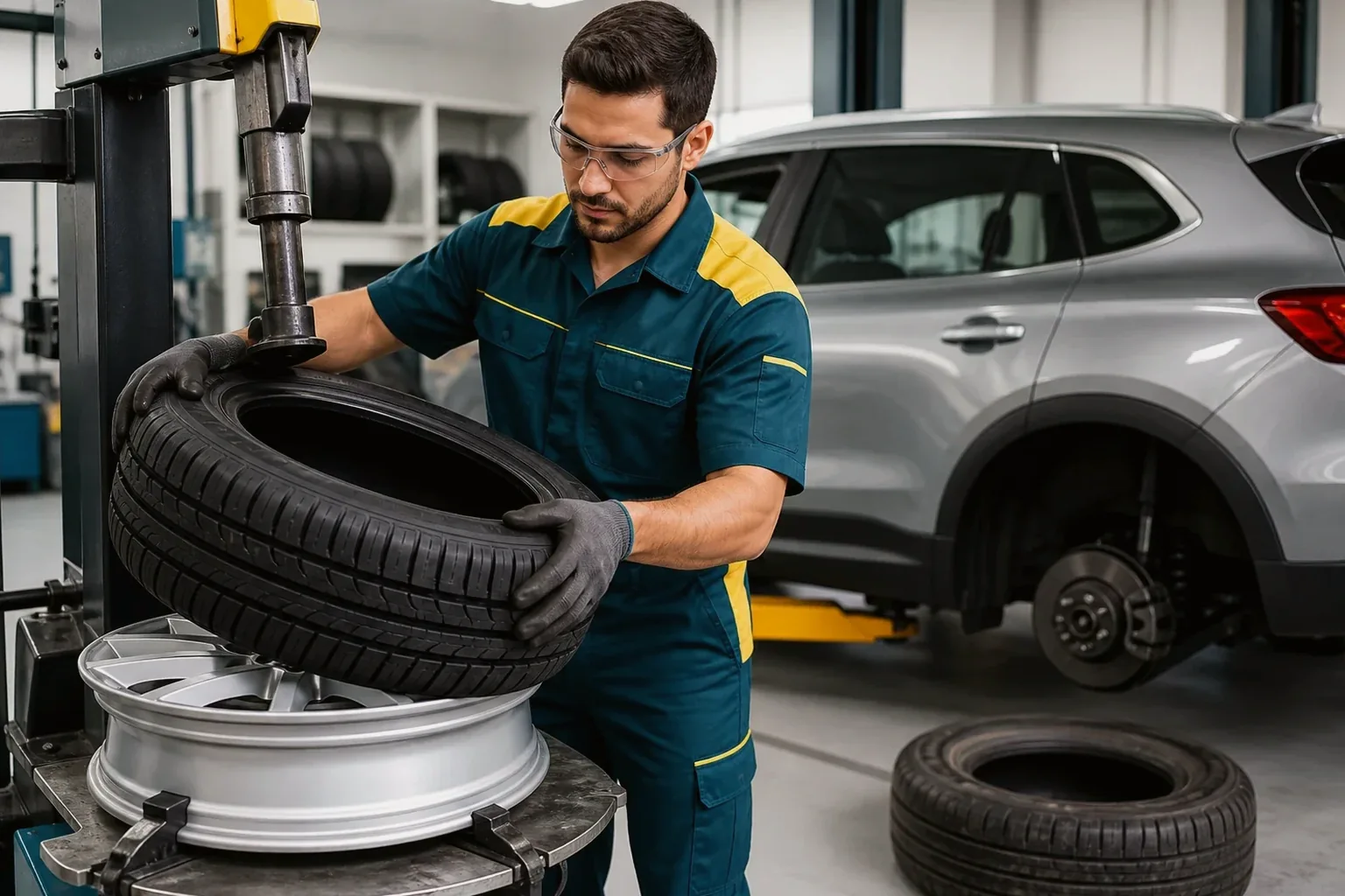 Profissional realizando a troca de pneus com equipamento adequado.