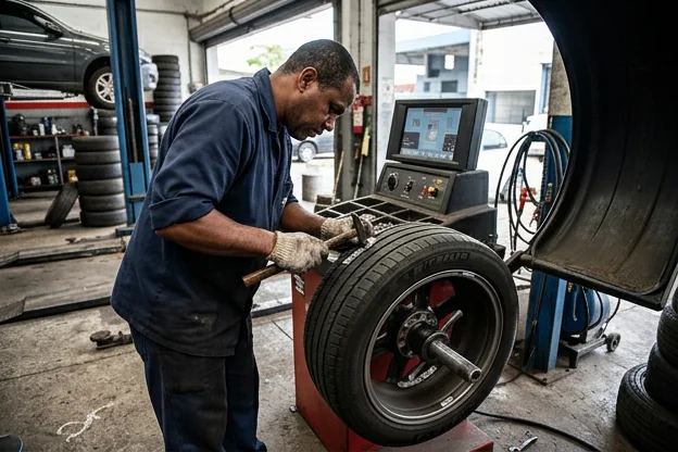 Profissional realizando balanceamento de rodas em um carro.