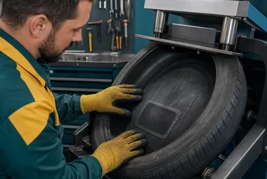 Técnico realizando vulcanização de um pneu na borracharia.